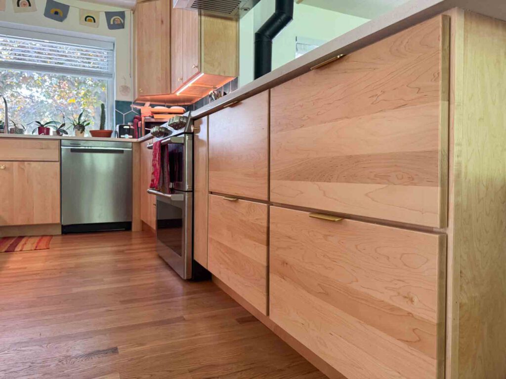 Modern kitchen with wooden cabinets, stainless steel dishwasher and stove, and plants on windowsill.