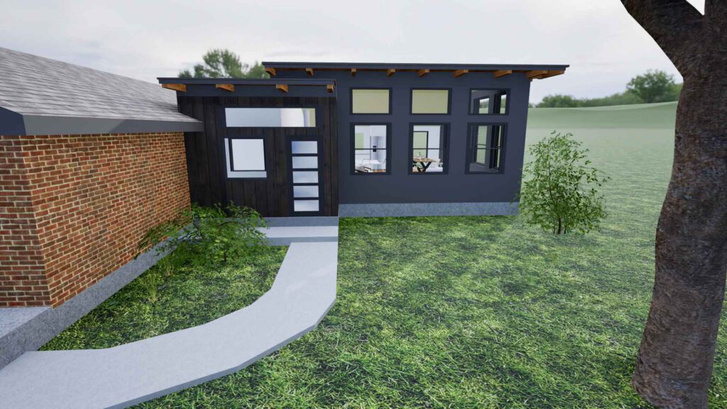 Modern Residential Building with Brick and Dark Panels Modern home exterior with brick and dark panel walls, large windows, and a concrete walkway.