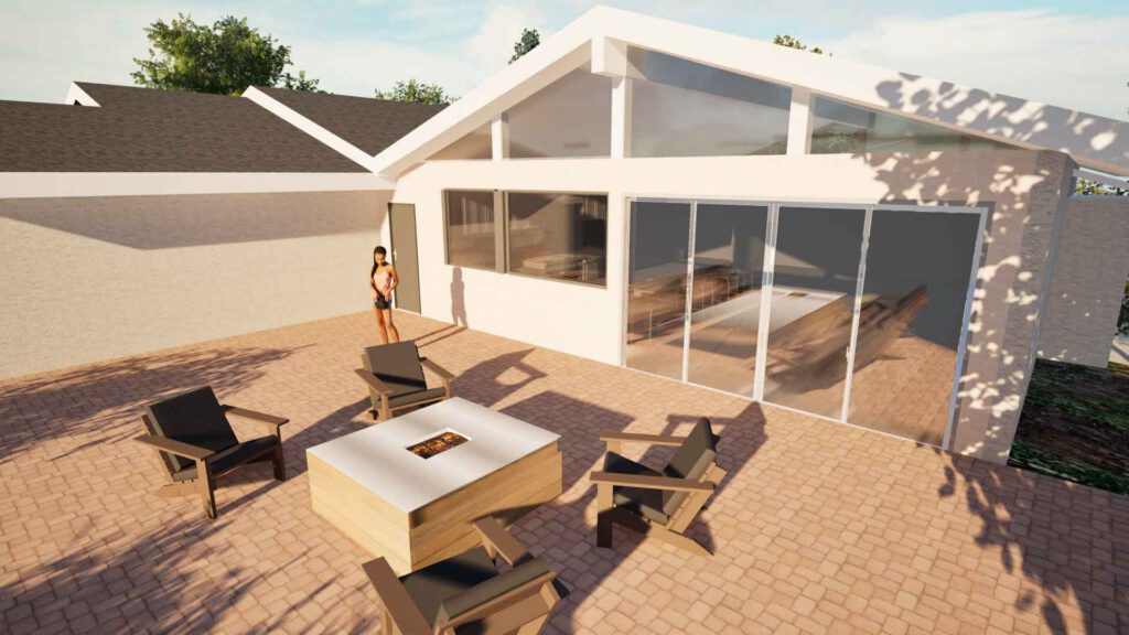 Outdoor patio with four cushioned chairs around a square fire pit and a person near a door.