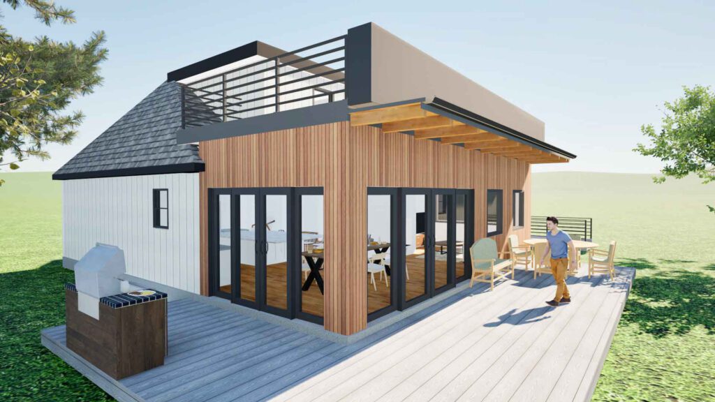 Modern outdoor patio with built-in grill and rooftop terrace Modern house exterior with wooden and white siding, glass doors, rooftop terrace, patio, grill, and person on deck.